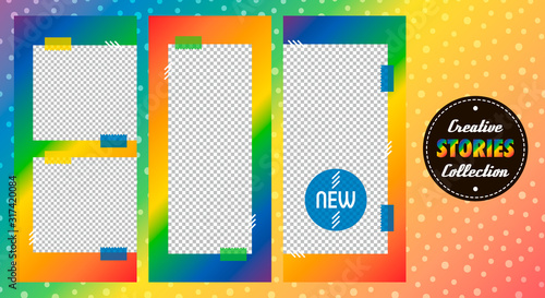 Rainbow vector stories templates set, collection. Colorful social media, mobile app backgrounds.