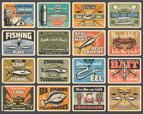 Fishing sport, camping and tourism retro metal signs. Vector fishery equipment, fish and camp tent, flounder and cooking cauldron. Boat crossed paddles, eel and salmon, hooks and baits, rods