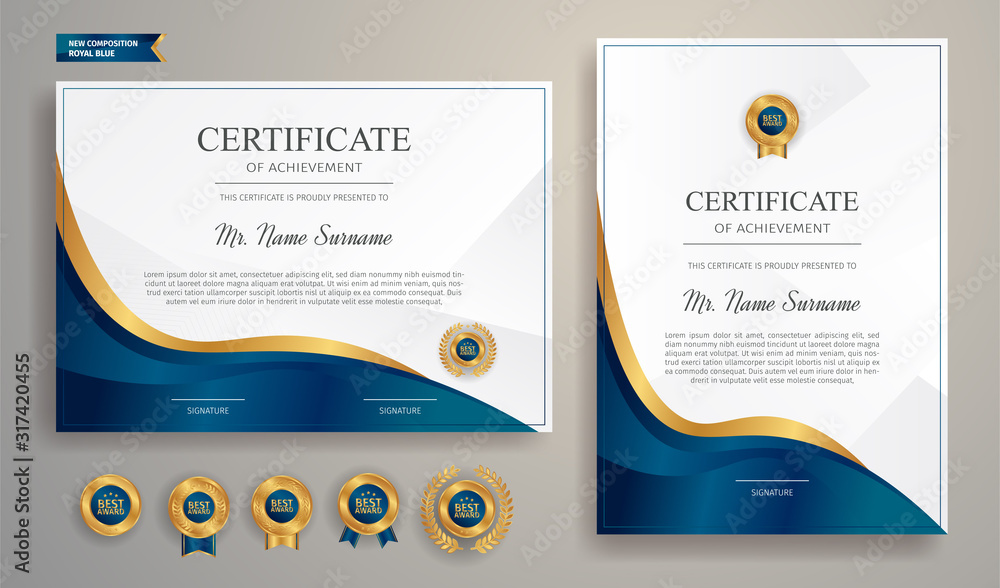 Blue and gold certificate of achievement template with gold badge and ...