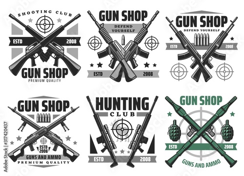 Gun shop and hunting ammo, equipment store vector icons. Military ammunition, rifles and shotguns, revolvers, aims and targets. Self protection and defence, bullets trigger ammo