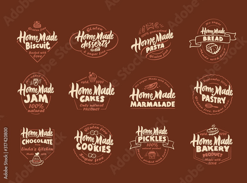 Set of vintage Homemade. Pastry, pickles, bakery, pasta, biscuit, deserts, marmalade, chocolate, bread jam, cookies, cakes, emblems,