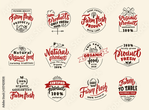Set of vintage Farm fresh products, natural. Retro emblems, badges, logos, phrases, slogans, stamps