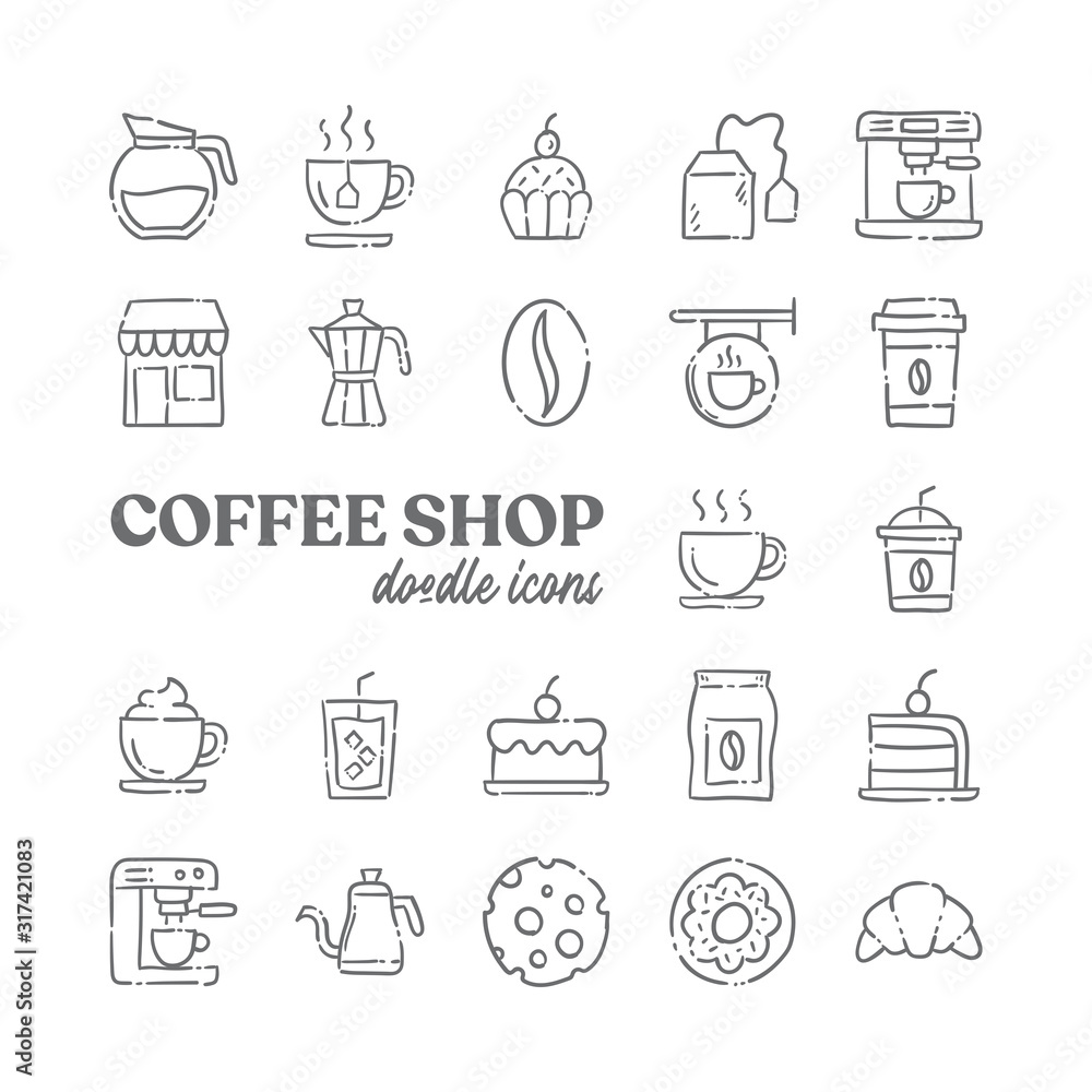 Coffee shop doodle icons, Set of hand drawn cafe related elements. Coffee shop doodle icons, Set of hand drawn cafe related elements.