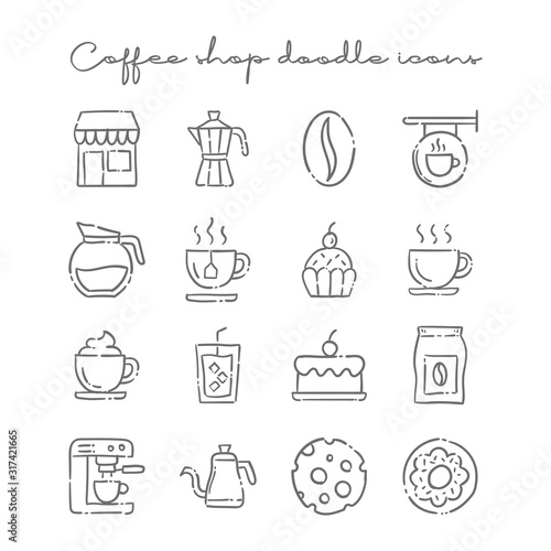 Coffee shop doodle icons, Set of hand drawn cafe related elements.