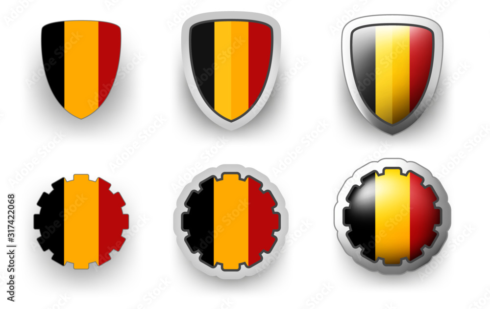 6 vector icons of Belgium - flag shield button and cogwheel, flat and volumetric style in flag colors black, yellow, red for poster, flyer