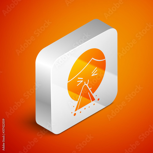 Isometric Man holding handkerchief or napkin to his runny nose icon isolated on orange background. Coryza desease symptoms. Silver square button. Vector Illustration