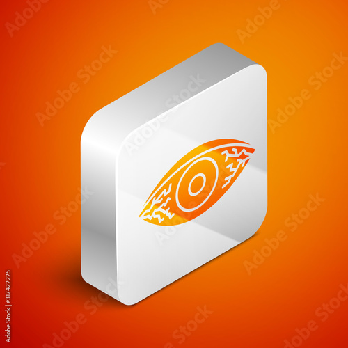 Isometric Reddish eye due to viral, bacterial or allergic conjunctivitis icon isolated on orange background. Silver square button. Vector Illustration