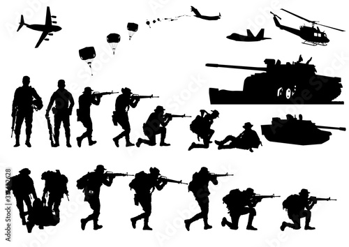 Set of military silhouettes, military vector illustration, Army soldiers,Military dog, Military silhouettes background.