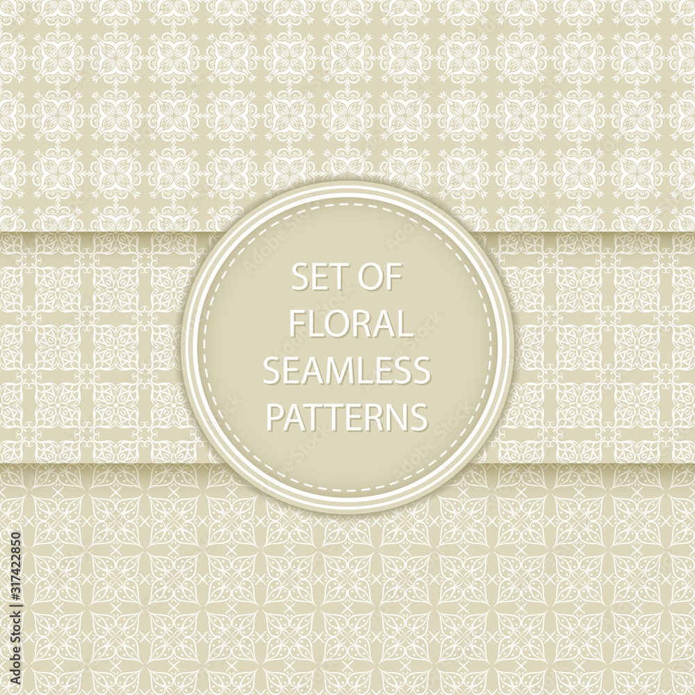 Olive green and white floral seamless backgrounds. Compilation of patterns