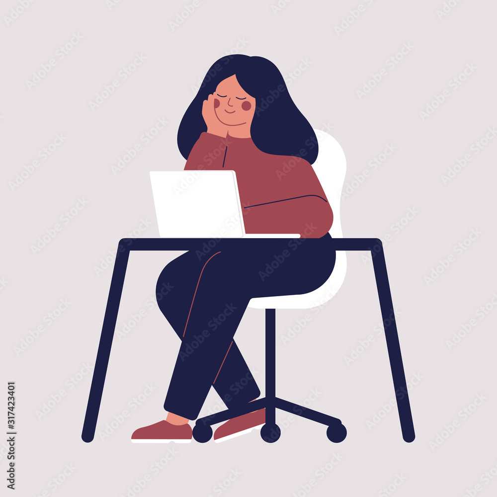 Young woman is sitting at the table with laptop and thinking about something. Girl is smiling with a good idea and dreaming. Vector character illustration Young woman is sitting at the table with laptop and thinking about something. Girl is smiling with a good idea and dreaming. Vector character illustration