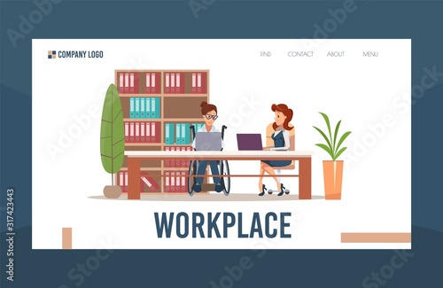 Office Workplace Adaptation for People with Disabilities Trendy Flat Vector Web Banner, Landing Page. Female Company Employees, Businesswoman in Wheelchair Working on Laptop at Desk Illustration