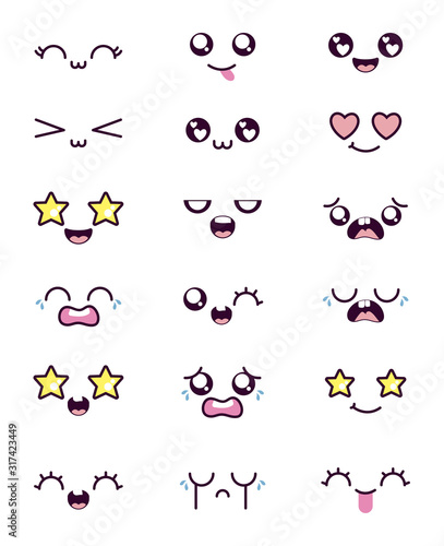 Isolated kawaii cartoon face icon set vector design