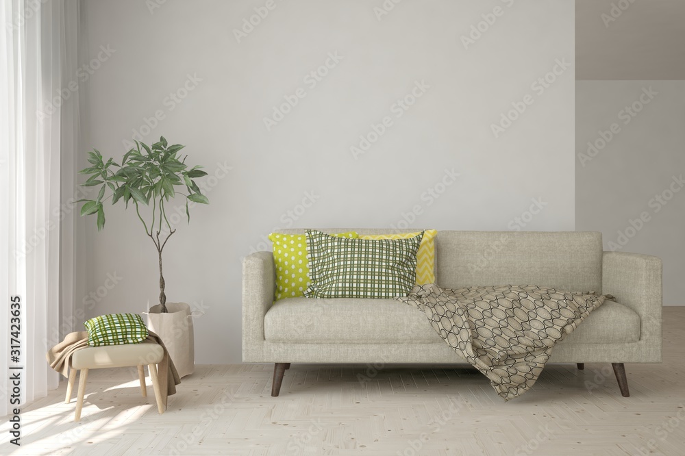Stylish room in white color with sofa. Scandinavian interior design. 3D illustration Stylish room in white color with sofa. Scandinavian interior design. 3D illustration