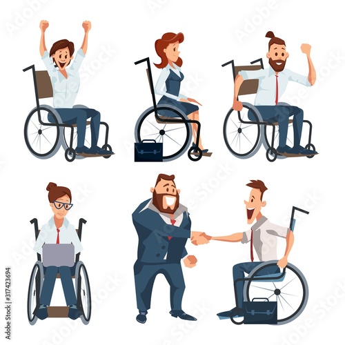 Disabled People Reaching Success in Business Career Trendy Flat Vector Character Set Isolated on White Background. Happy Businesspeople Working on Laptop, Taking Congratulation from Boss Illustration