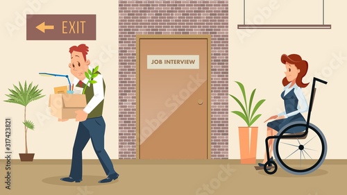 Disabled People Employment Equal Rights and Opportunities Trendy Flat Vector Concept. Woman with Disabilities Waiting for Job Interview, Sad Male Employee Leaving Office After Dismissal Illustration