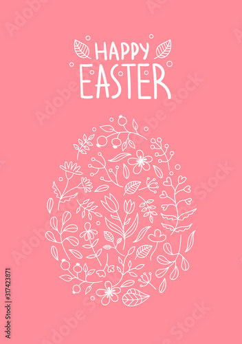 Beautiful Easter egg made of plants  flowers  twigs  leaves.Spring holiday decor for postcards.Lettering.vector illustration on a pink background