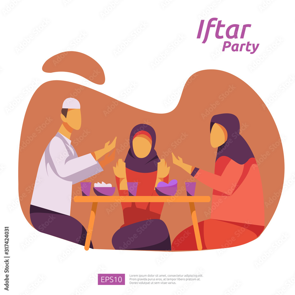 Fototapeta premium Moslem family dinner on Ramadan Kareem or celebrating Eid with people character. Iftar Eating After Fasting feast party concept. web landing page template, banner, presentation, social or print media