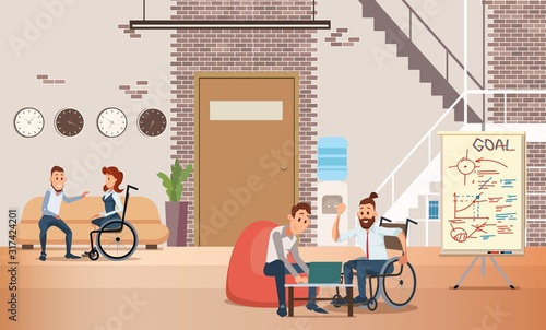Disabled People Self-Realization and Job Opportunities Trendy Flat Vector Concept with Man in Wheelchair, Handicapped Company Employee, Working in Coworking Office with Colleagues Illustration