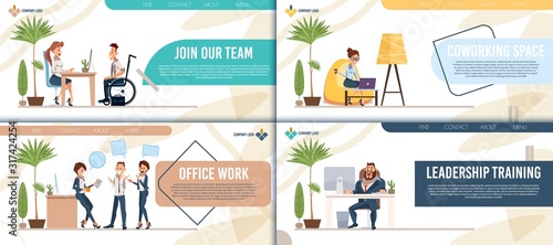 Job Searching Service, Coworking Space, Office Work and Leadership Training Trendy Flat Vector Web Banners, Landing Pages Set. Working in Office Employees, Female, Male Entrepreneurs Illustration