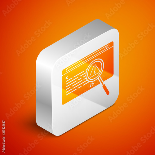 Isometric System bug concept icon isolated on orange background. Code bug concept. Bug in the system. Bug searching. Silver square button. Vector Illustration