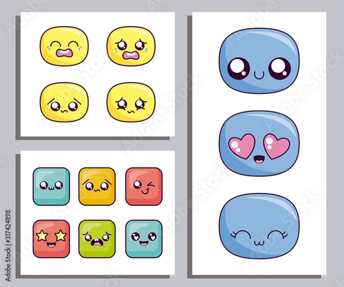 Kawaii cartoon face icon set inside frames vector design