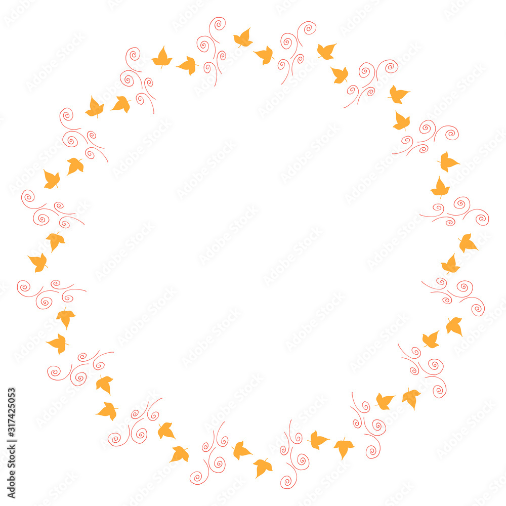 Round frame with vertical little yellow leaves and decorative elements on white background. Isolated wreath for your design.