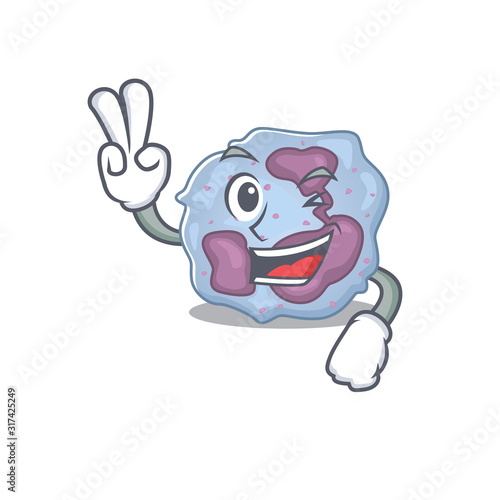 Smiley mascot of leukocyte cell cartoon Character with two fingers