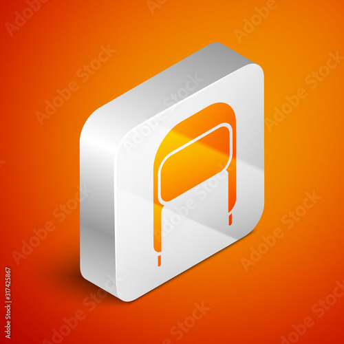 Isometric Winter hat with ear flaps icon isolated on orange background. Silver square button. Vector Illustration