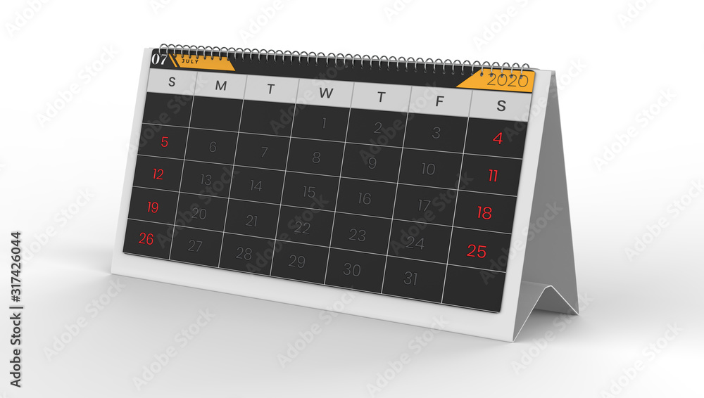 July month 2020 year calendar on a white background. 3d illustration July month 2020 year calendar on a white background. 3d illustration
