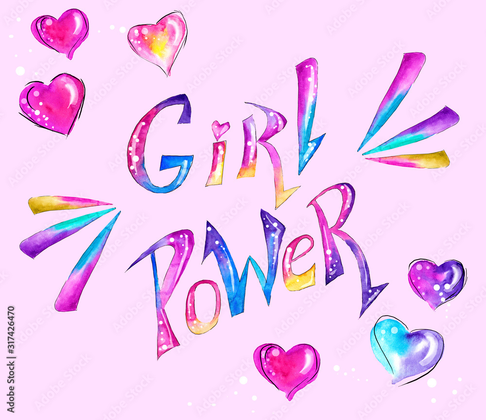 Girl Power Watercolor Hand painted Lettering. Bright Colorful Font with Cute Hearts. Slogan for Girls. Cool Modern Art. Motivational Feminism Quote.