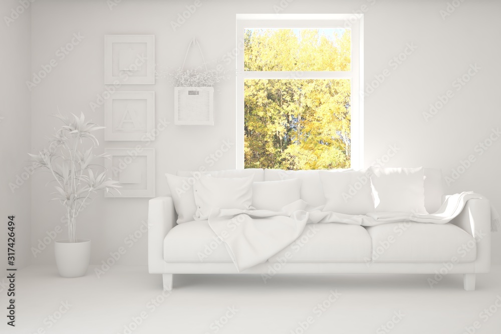 Stylish room in white color with sofa and autumn landscape in window. Scandinavian interior design. 3D illustration Stylish room in white color with sofa and autumn landscape in window. Scandinavian interior design. 3D illustration