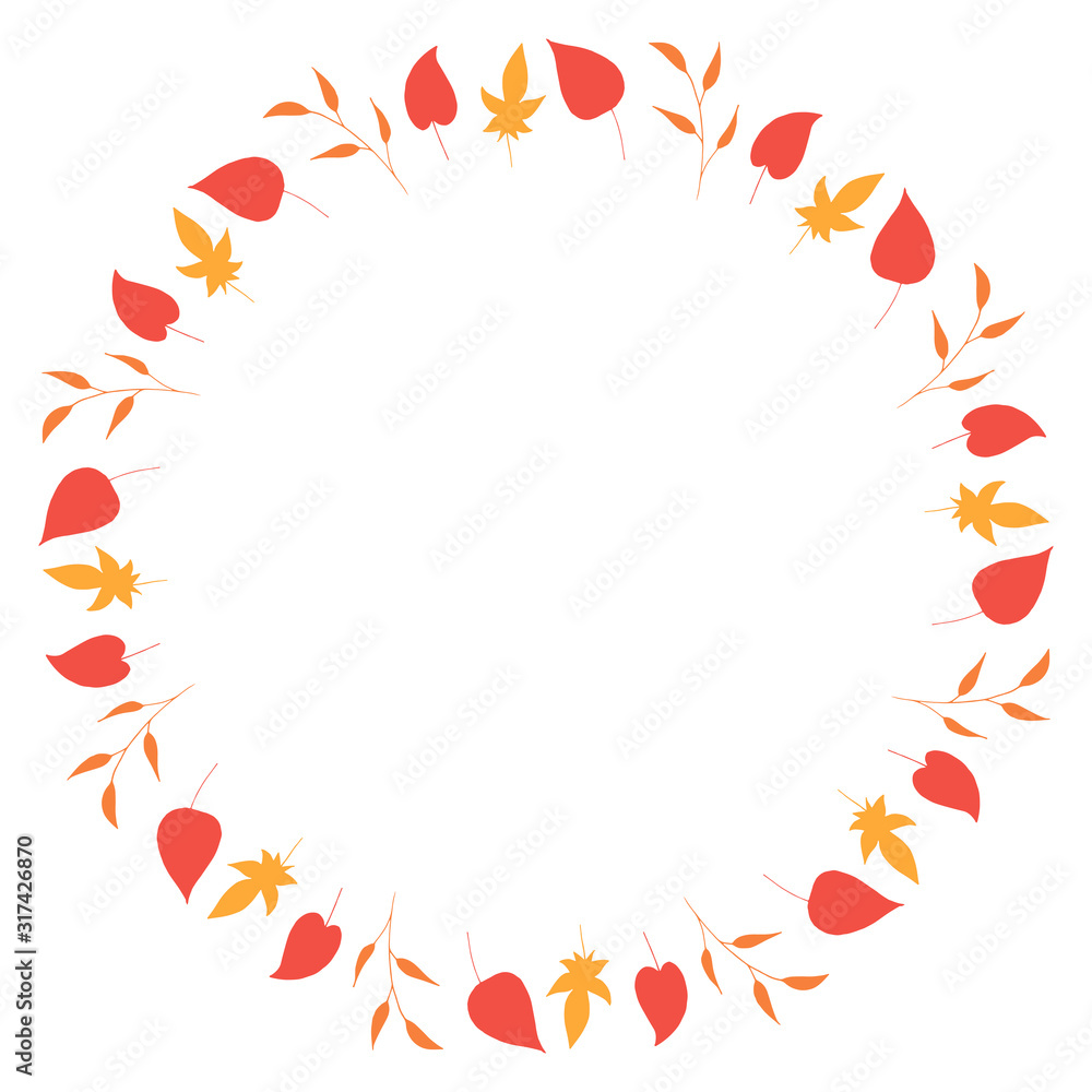 Round frame with big red leaves, yellow leaves and orange branches on white background. Isolated wreath for your design. Round frame with big red leaves, yellow leaves and orange branches on white background. Isolated wreath for your design.