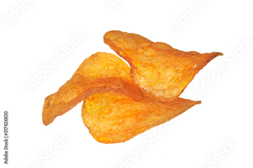 Heap of fried potato chips isolated on white background without shadow. Close-up