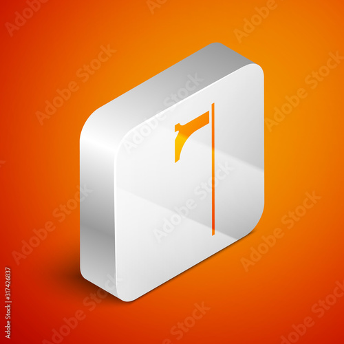 Isometric Medieval axe icon isolated on orange background. Battle axe, executioner axe. Medieval weapon. Silver square button. Vector Illustration