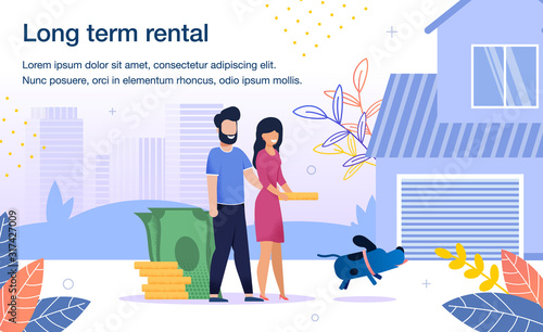 Rental Home for Young Family Trendy Flat Vector Advertising Banner, Promo Poster Template. Happy Couple with Dog, Wife and Husband Searching, Choosing Cottage house for Long- Term Rent Illustration