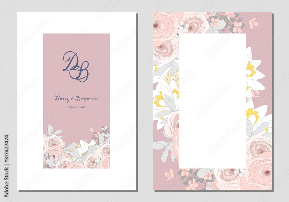 Set of card template with pink rose flowers bouquet and space for your text 
