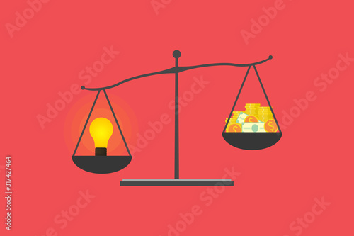 business finance concept, Idea bulb and money balance on scale comparison equilibrium . Vector illustration flat design