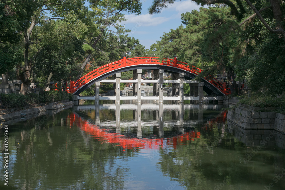 Red bridge at Sumiyoshi-taisha temple, Osaka, Japan