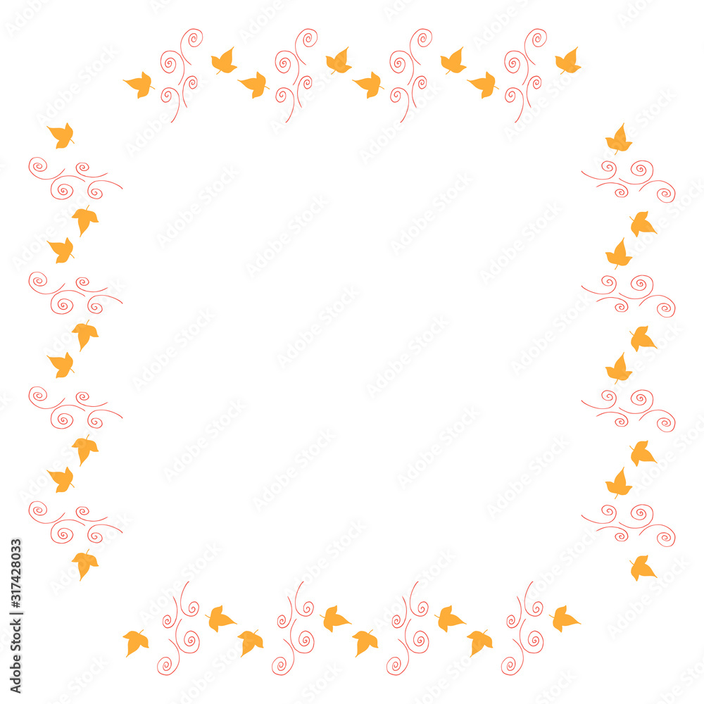 Square frame with vertical little yellow leaves and decorative elements on white background. Isolated wreath for your design. Square frame with vertical little yellow leaves and decorative elements on white background. Isolated wreath for your design.
