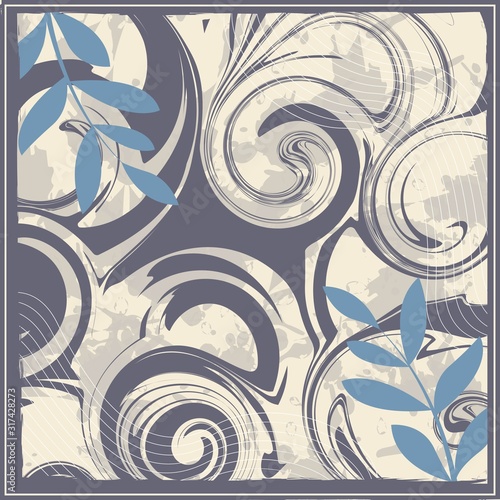 Abstract scarf pattern design for hijab and blanket. Hijab scarf with splash brush ink and leaves for Printing Production.