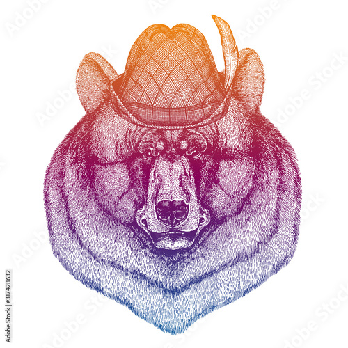 Vector bear. Bavarian traditional hat. Tirol austrian hat. Beer Oktoberfest character portrait.