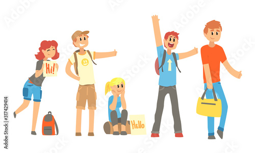 Young People Travelling by Autostop Collection, Male and Female Tourists Characters Hitchhiking and Catching a Car by Waving Hands Vector Illustration