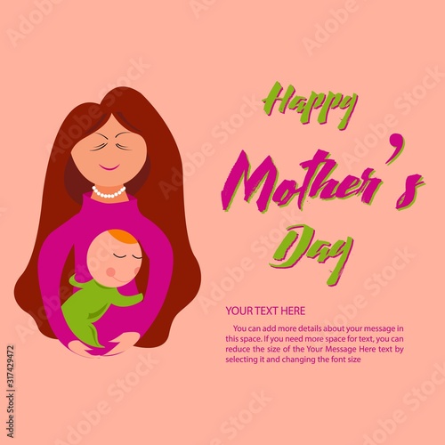 Mothers day sale background layout with beautiful Woman   baby silhouettes  congratulation text. Pink design element for holiday banner  poster. Paper cut style  vector illustration