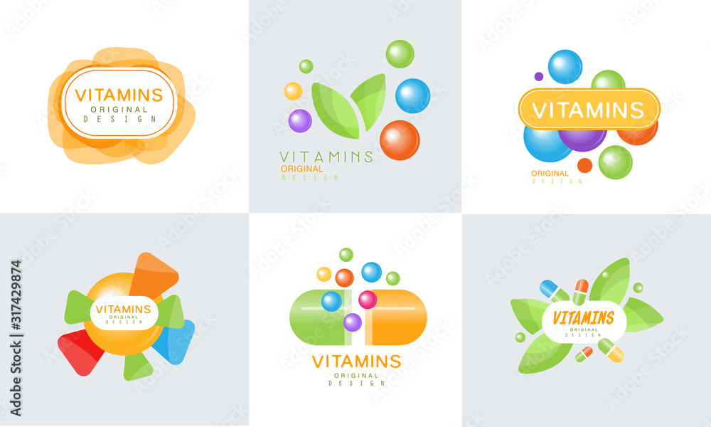Vitamins Original Design Logo Collection, Healthy Life, Natural Medicine Colorful Bright Labels Vector Illustration