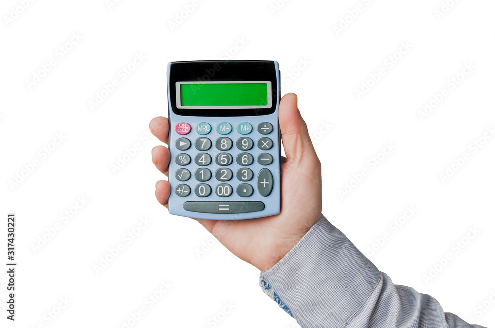 Hand of a businessman in blue shirt holding a calculator on white background Hand of a businessman in blue shirt holding a calculator on white background