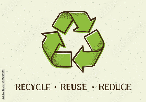 Sketch doodle recycle reuse reduce symbol isolated on craft paper background. Recycle icon sign for ecological. Hand-drawn style vector  photo
