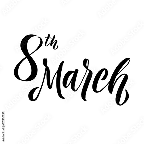 8th March. Happy Womans Day calligraphy design on square white background. Vector illustration. Womans Day greeting calligraphy design in black colors. Template for a poster, cards, banner. Vector