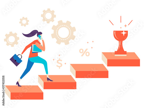 A woman runs up the career ladder. Business concept