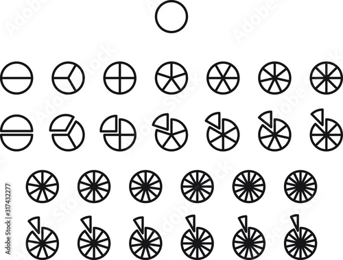 Fractions vector icons. Pie chart line circles