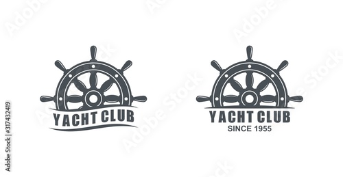 Set of black and white logos of yacht club on a white background. Vector drawing of a marine helm, text and wave. Illustration on the marine theme.